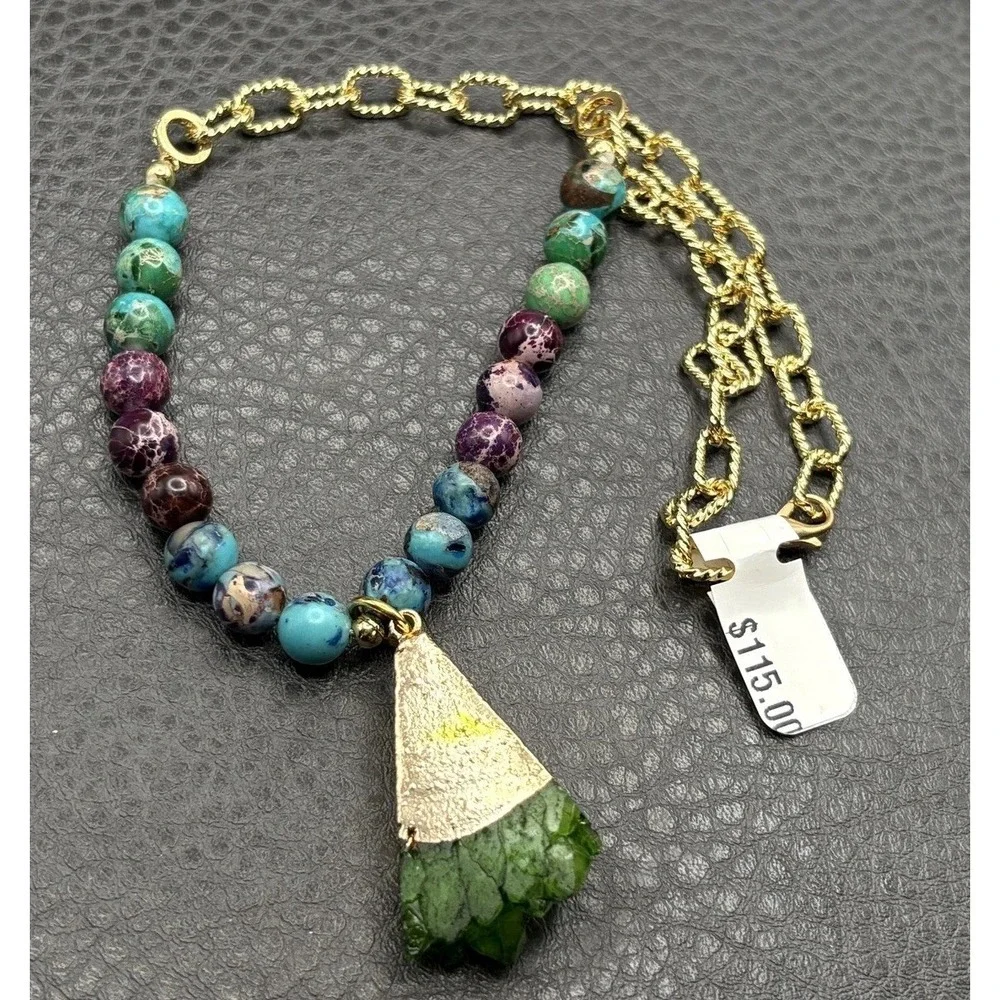 Love Lisa Gemstone Beaded Necklace Dyed Green Crystal Pendant Blue Purple 16
